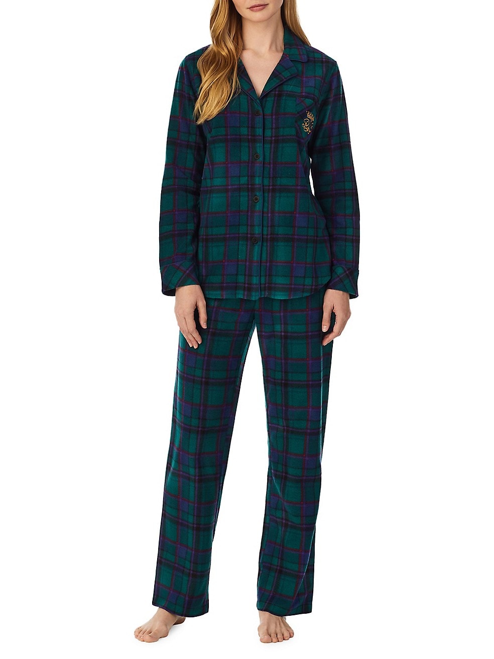 Lauren Ralph Lauren Women GREEN PLAID 1X Giftable 2-Piece Print Pyjama Set  