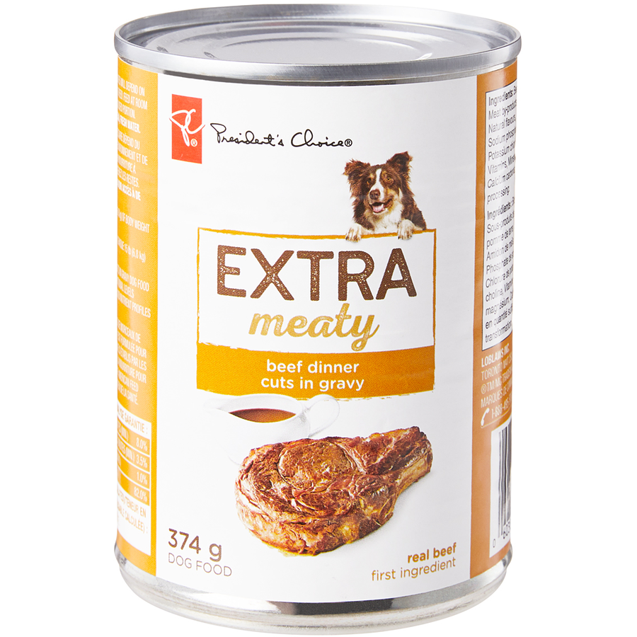 6Pack President's Choice Dog Food, Extra Meaty Beef Dinner Cuts in Gravy